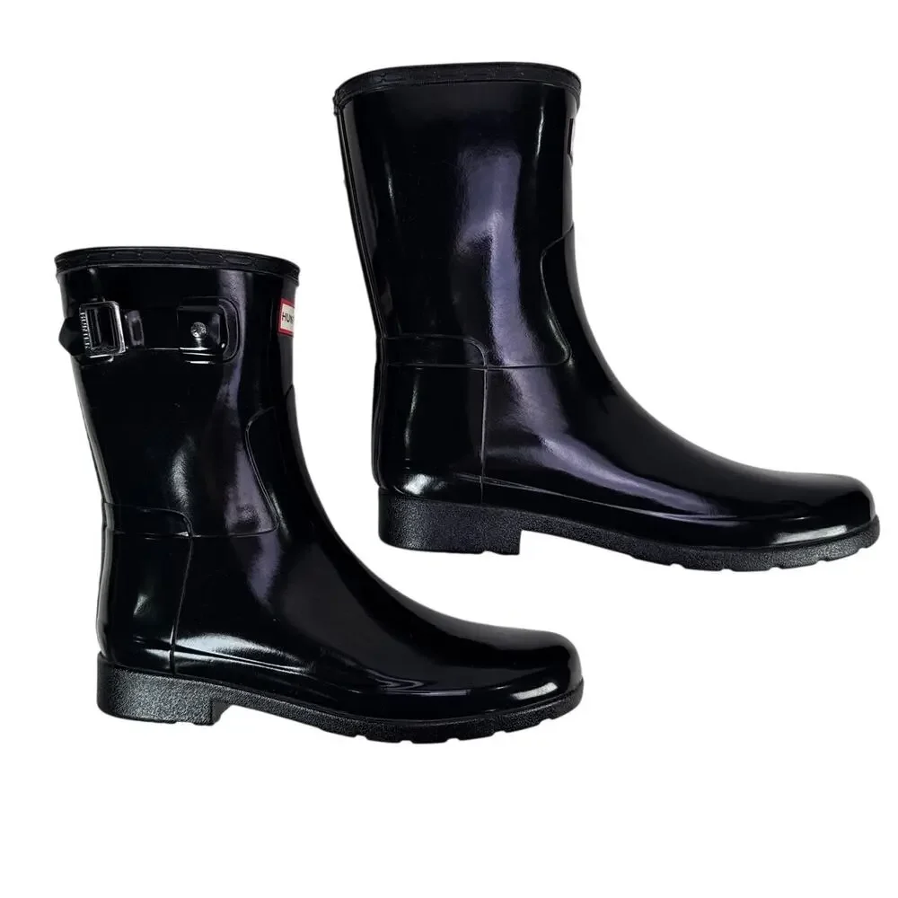 Hunter Original Short Gloss Rain Boots Womens 9 Black Shiny Rubber Adjustable‎
